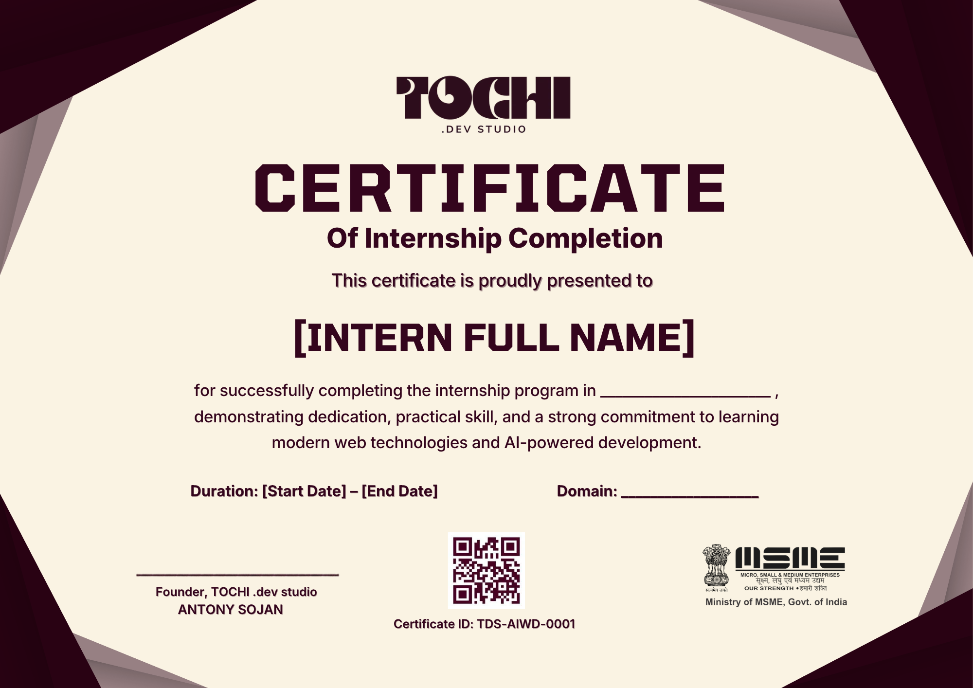 Official TOCHI Internship Completion Certificate with MSME Government of India Verification